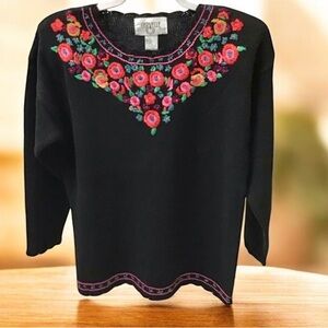 Vintage ~ 1980s ~ Chevelle ~ Sweater ~ 1X ~ Black ~ Embroidered ~ Pullover